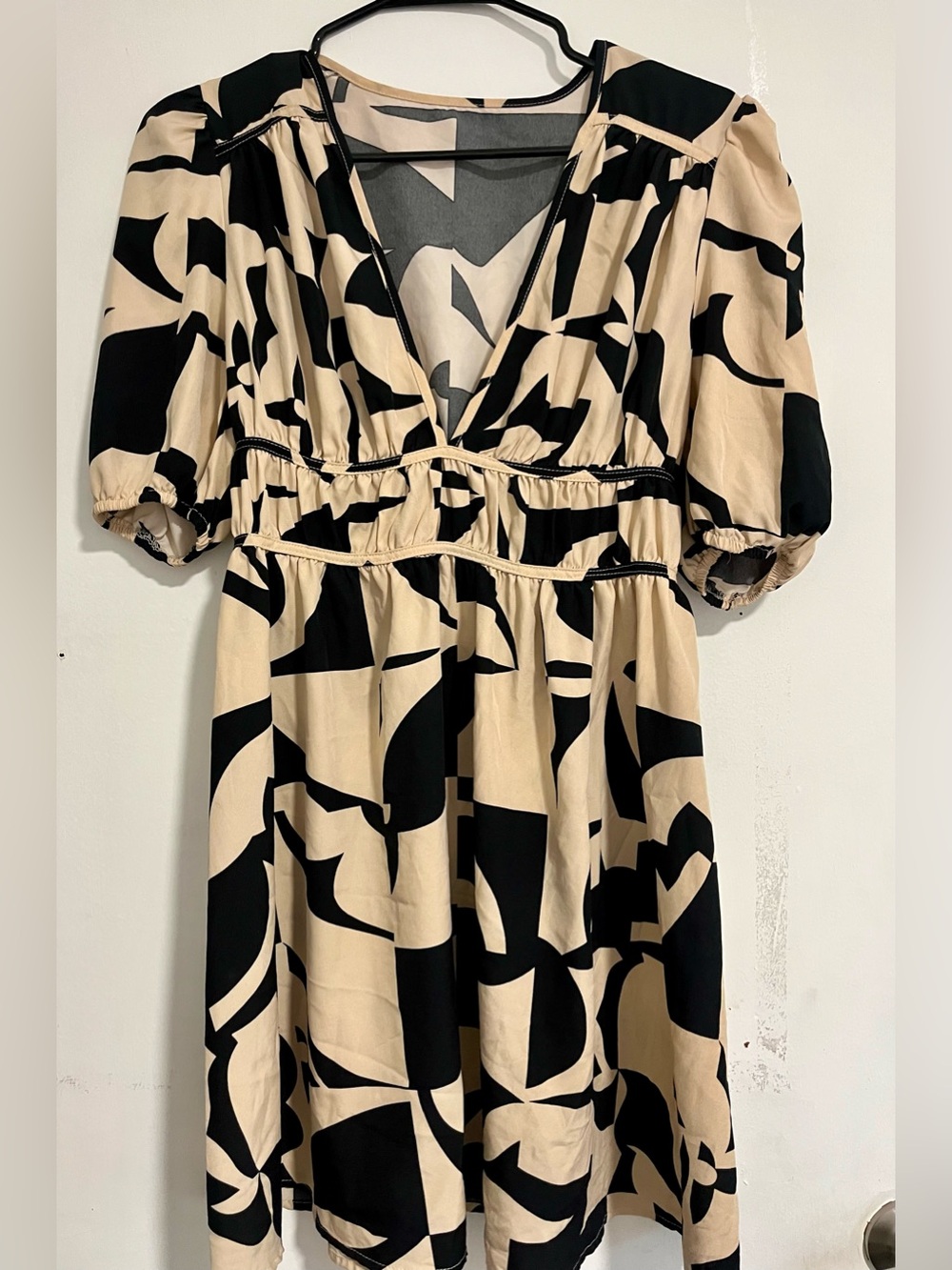 Beige and Black plunged V-Neck Dress